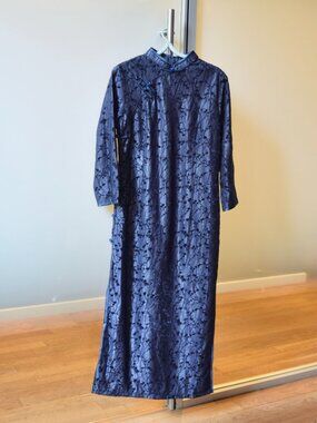 Navy Blue Flora Long Qipao - Chinese Traditional Winter Dress